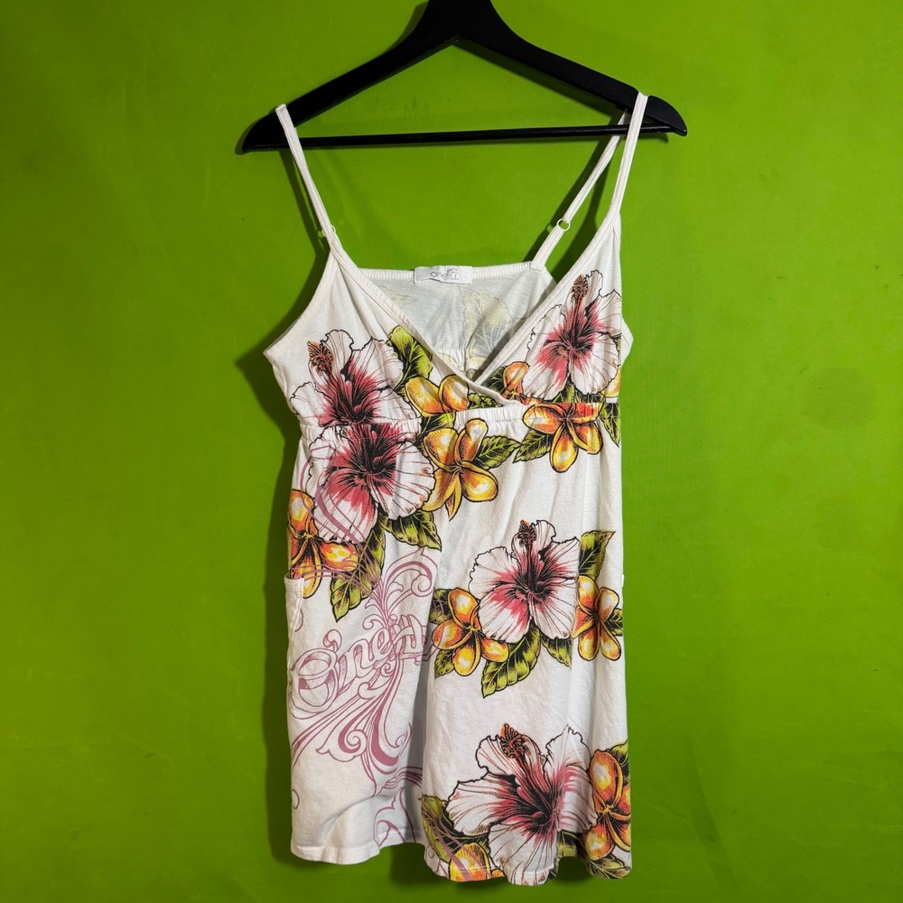 ONeill Womens XL White Floral Tropical Hibiscus Cami Tank Top with Pockets Y2K
